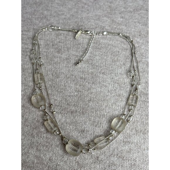 NY New York and Company 3 Strand Glass Beaded Necklace Clear Silvertone 16-18 in - Picture 1 of 5